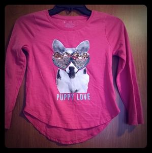 Hot pink shirt with sequin glasses puppy